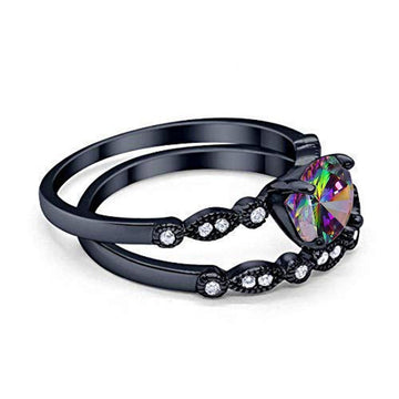 Art Deco Engagement Piece Ring Black Tone, Simulated Rainbow CZ 925 Sterling Silver